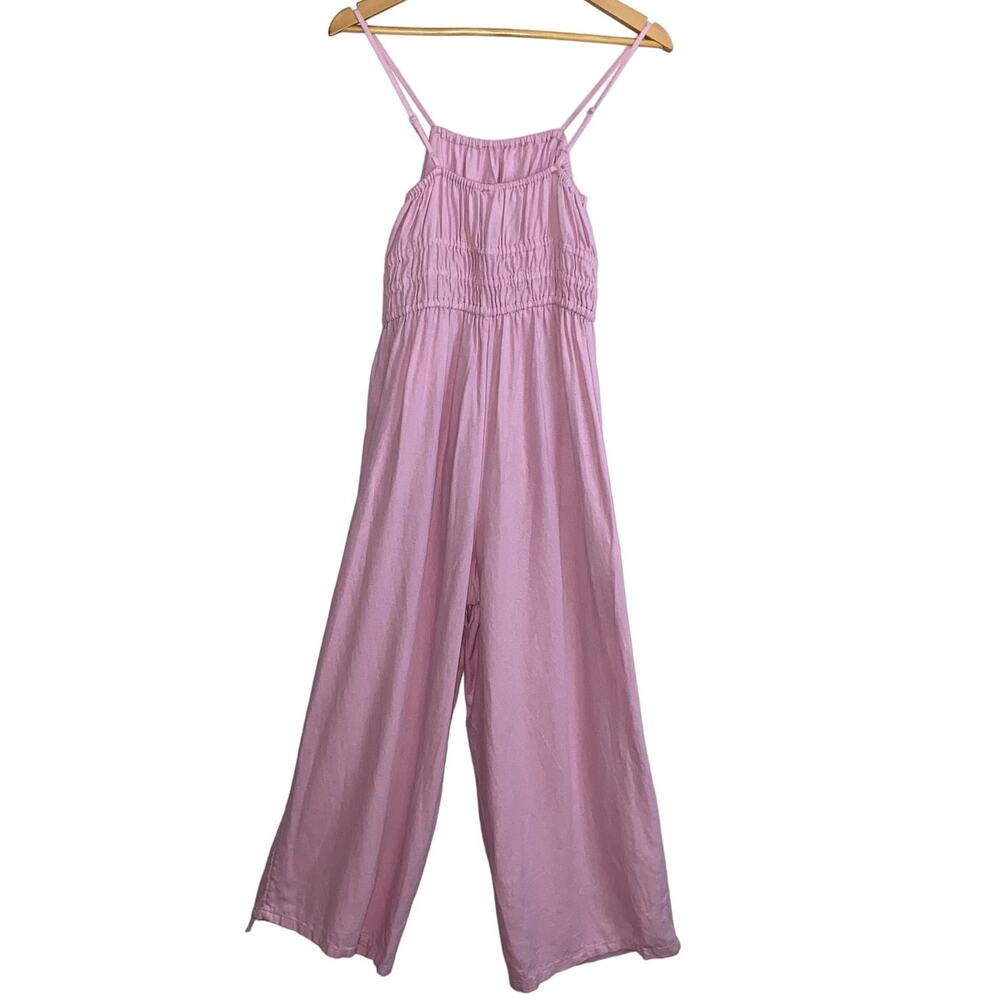 Old Navy Jumpsuit Linen Blend Women's Size Medium Cropped Wide Leg Smocked Pink